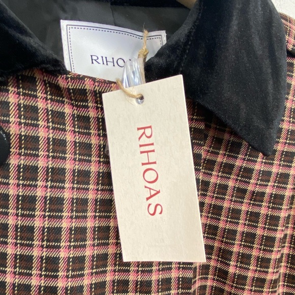 RIHOAS NWT Brown Pink Plaid Double Breasted Cape Coat Size XS - Picture 7 of 10
